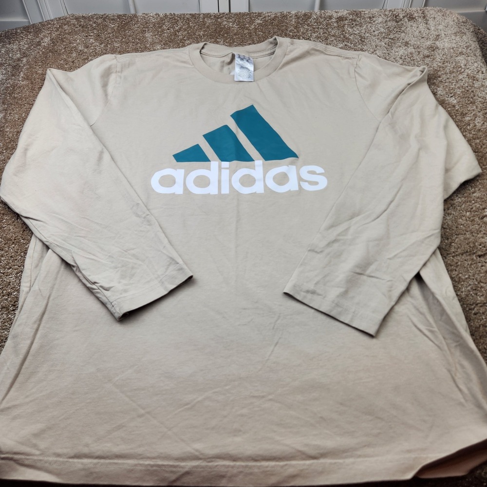Adidas Mens 2XL Long Sleeve Graphic T-Shirt Beige Tan Teal Logo IJ8580 Cotton
